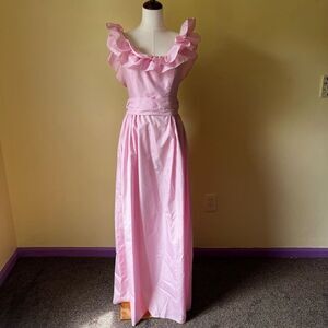 Vintage Pink Princess Gown XS Off Shoulder Ruffle Maxi Dress Barbiecore Costume